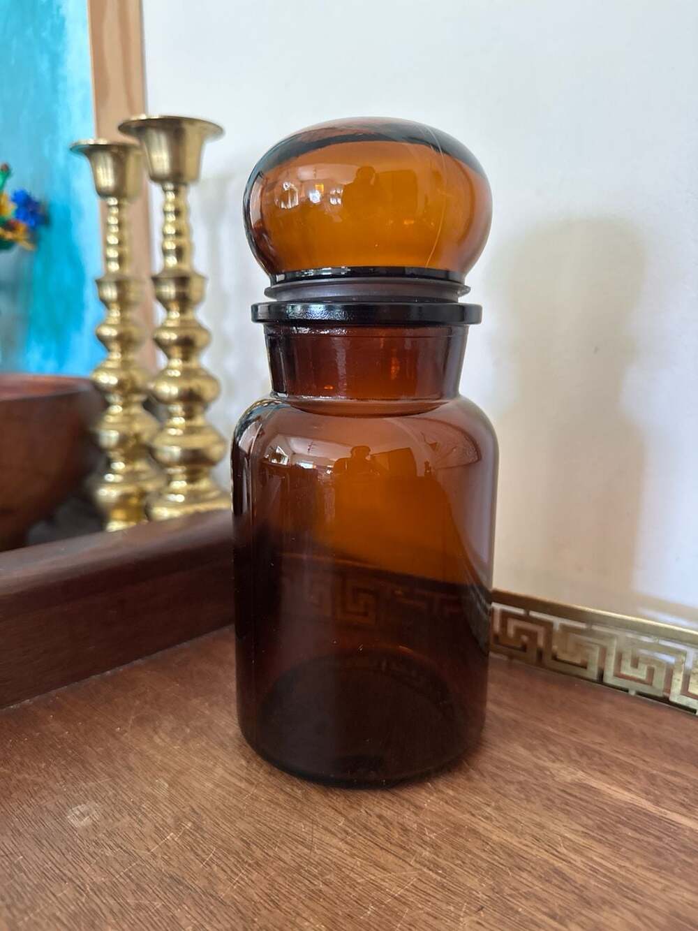 Vintage Belgian Amber Glass Apothecary Jar with Bubble Stopper